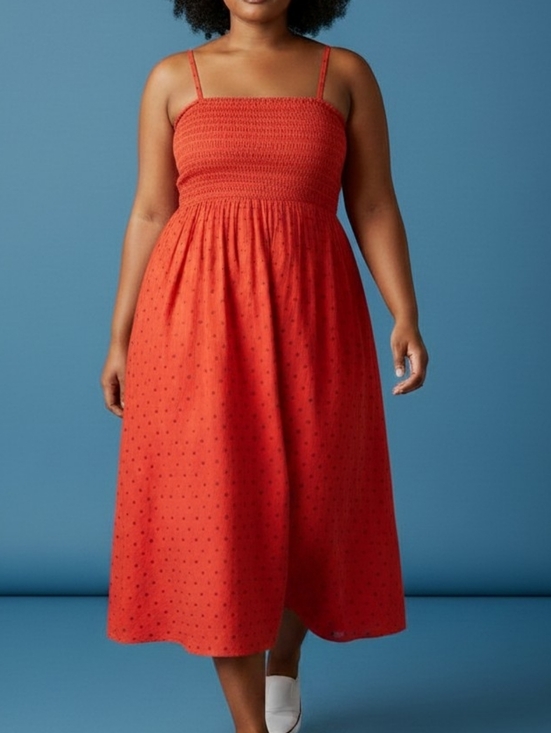 a new day Dresses & Skirts - Red Smocked Midi Dress with Black Polka Dots